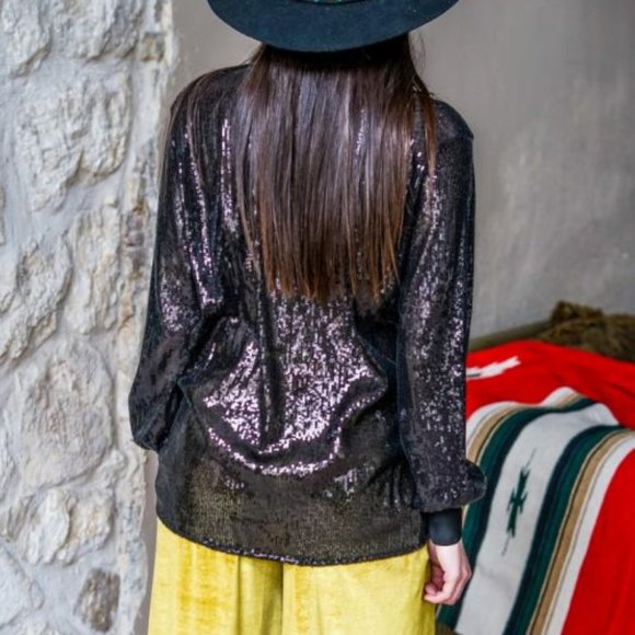 Black Long Sleeve Sequin Knot Tie Blouse NWT - Picture 5 of 5